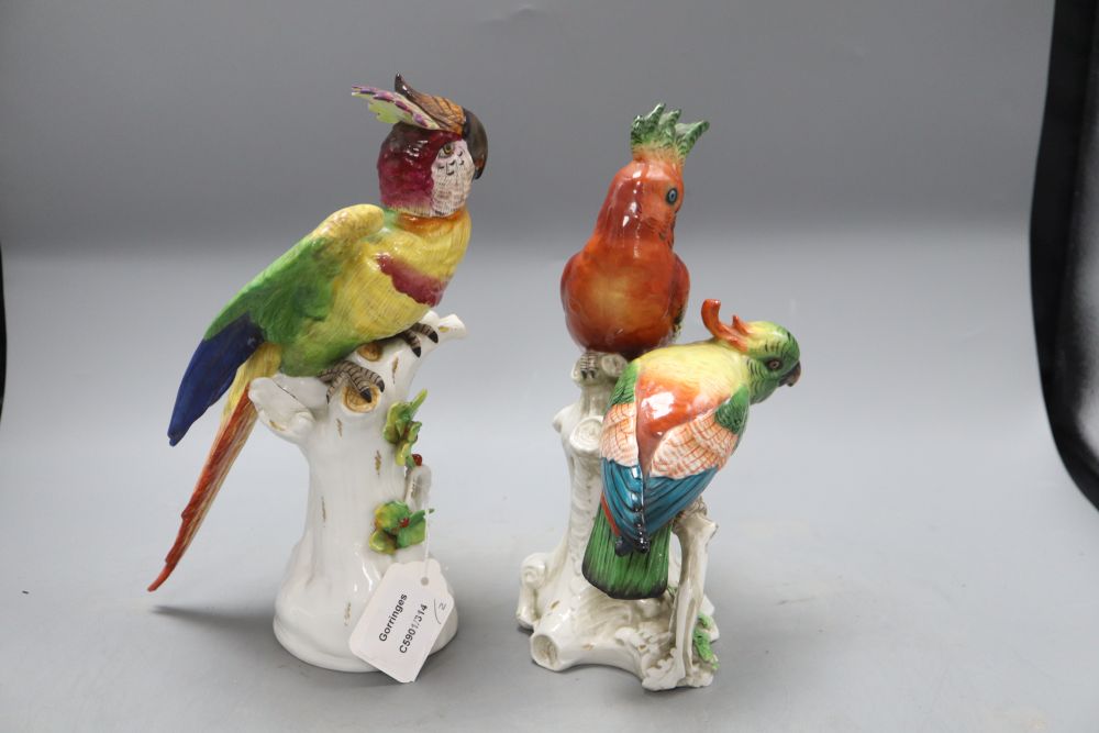 Two Continental porcelain Birds of Paradise groups, height 27cm